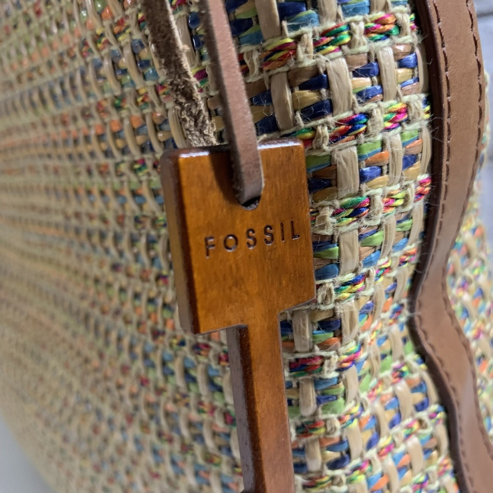 Fossil Woven Straw Leather Crossbody Handbag Multi Color 75082 Boho Tote - Picture 11 of 16